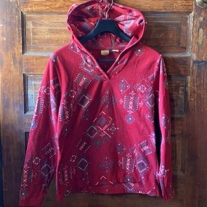 Natural Reflections fleece hoodie, red with snowflakes. Size L.
